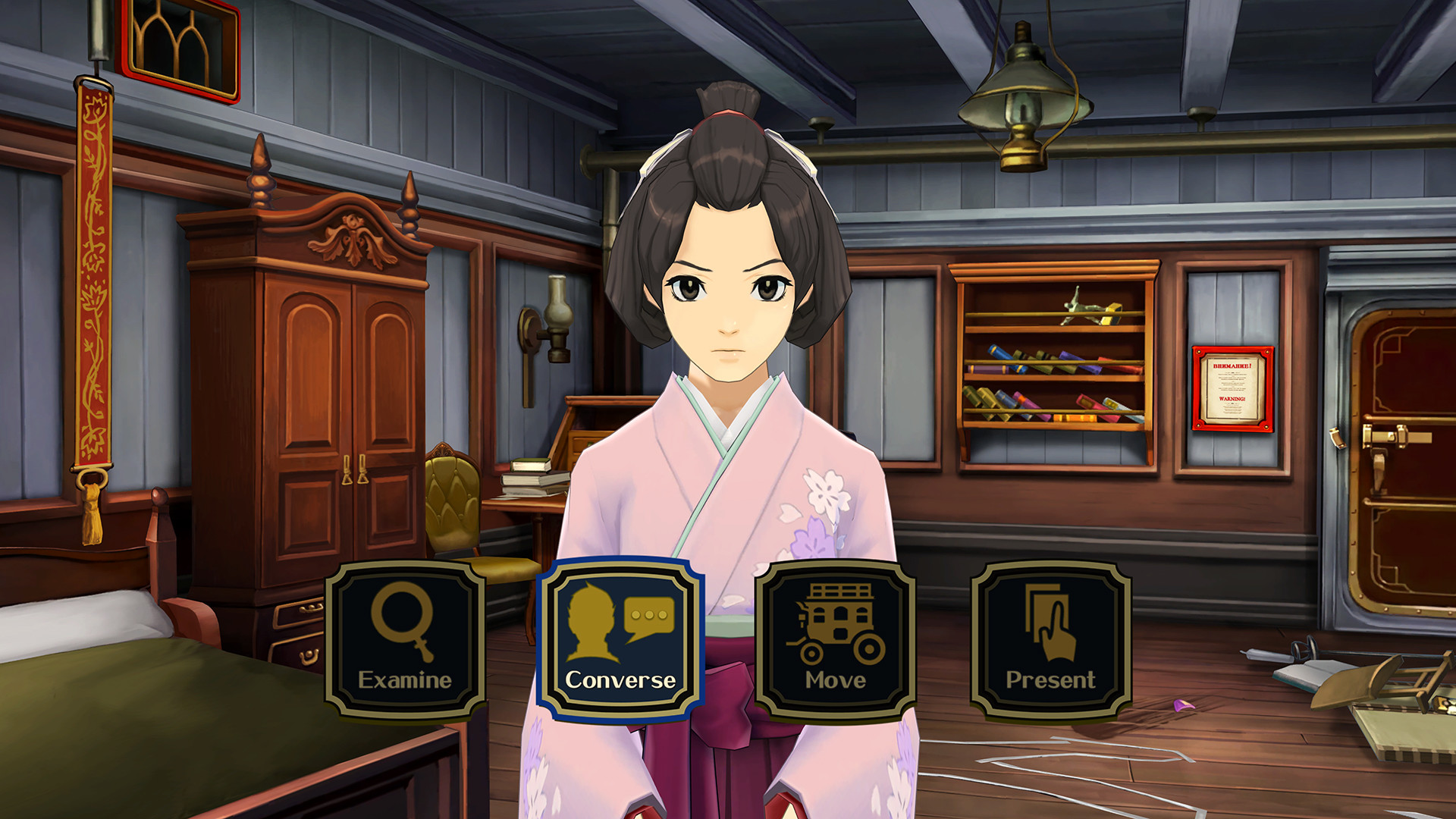 Screenshot of a woman with brown hair in a pink kimono standing in front of the camera with the converse option highlighted