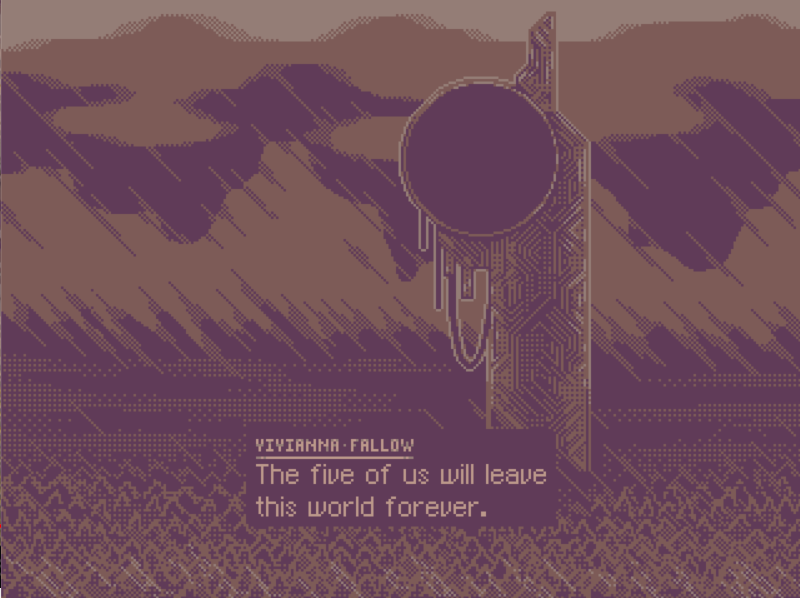 A big sword stuck into the ground of  a field. The text says "The five of us will leave this world forever"