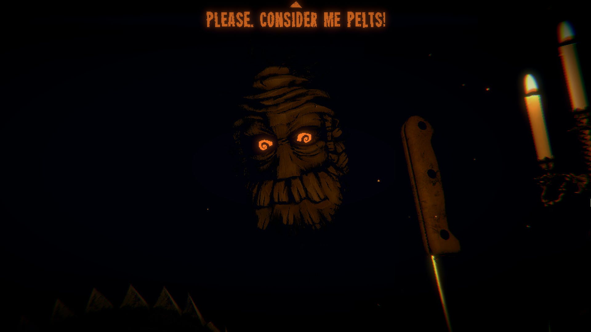 Screenshot of the Trapper from Inscryption asking the player to inspect his pelts