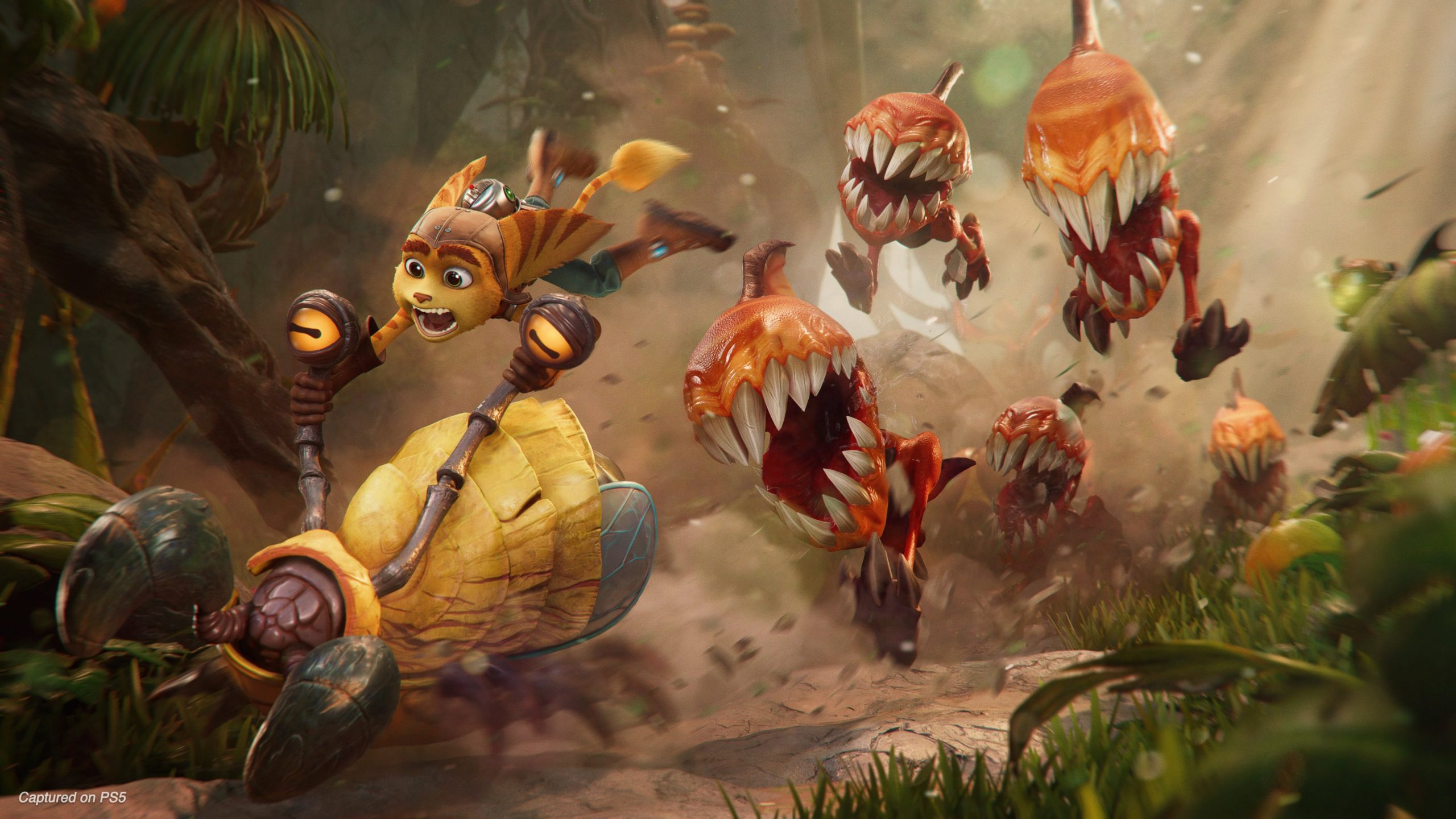 Ratchet riding a snail while little dinosaur like enemies with huge mouths and sharp teeth chase them