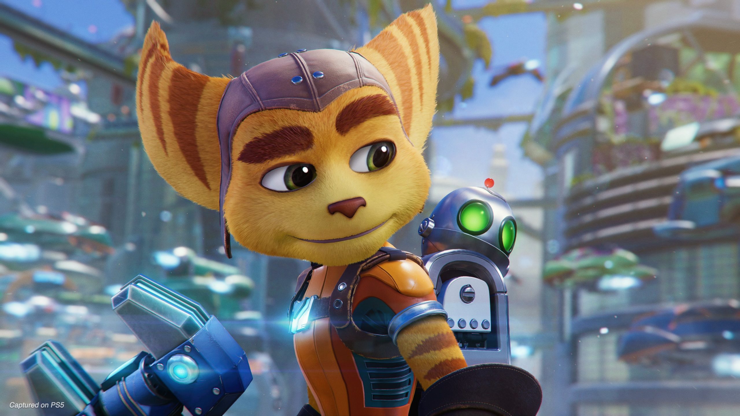 Ratchet with Clank strapped to his back looking at the robot over his shoulder fondly