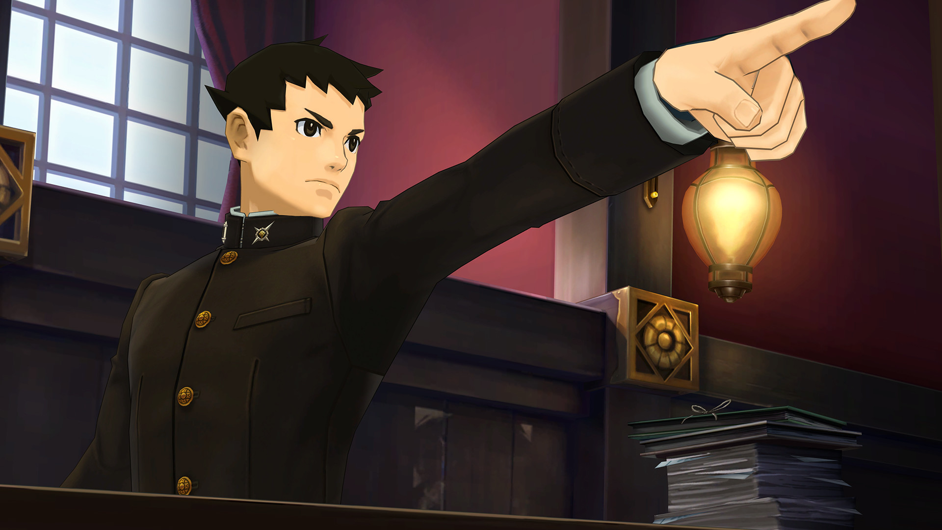 A screenshot of the main character from the Great Ace Attorney chronicles standing in court pointing like Phoenix Wright