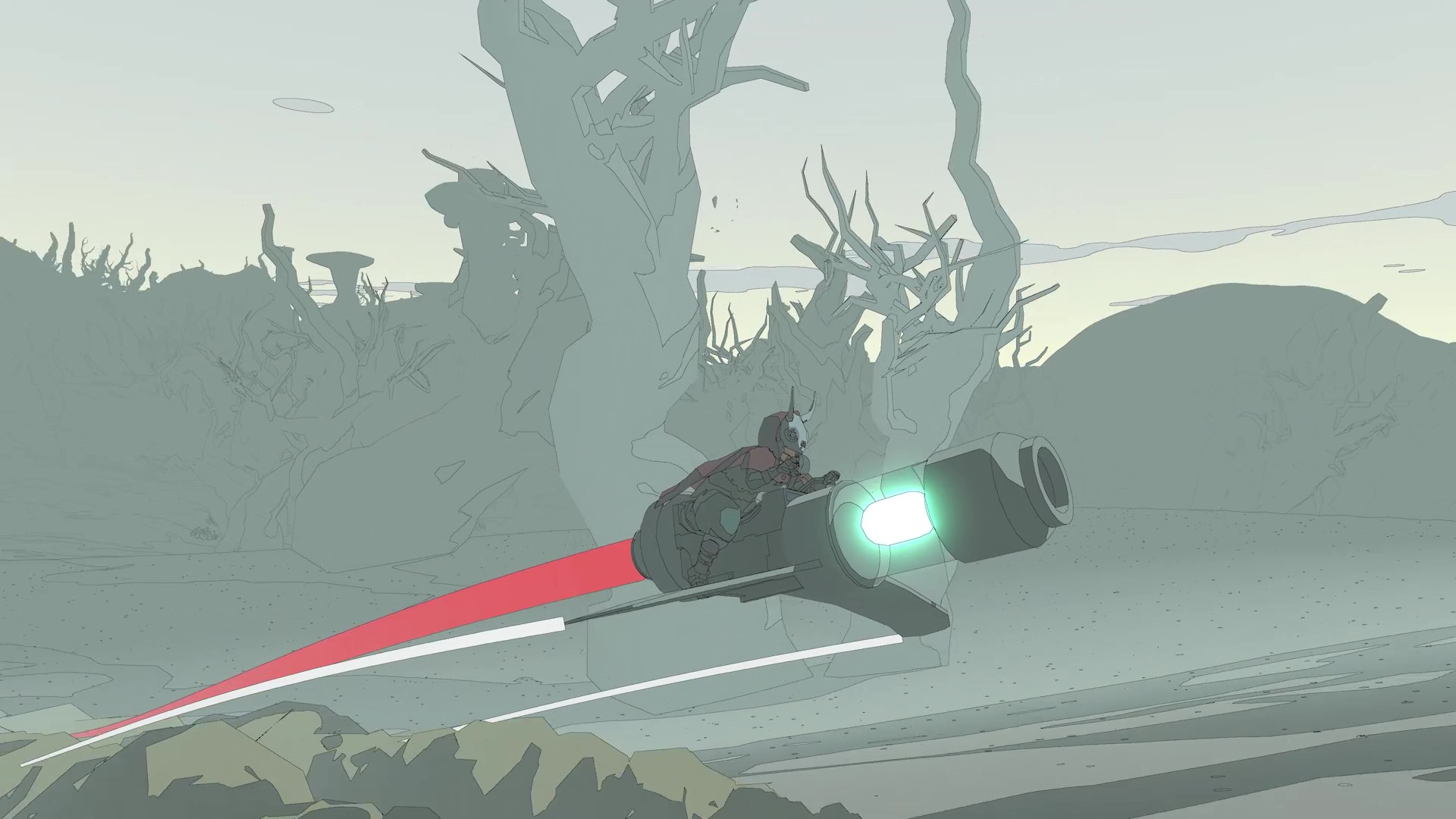 Screenshot of Sable riding her glider against a grey background
