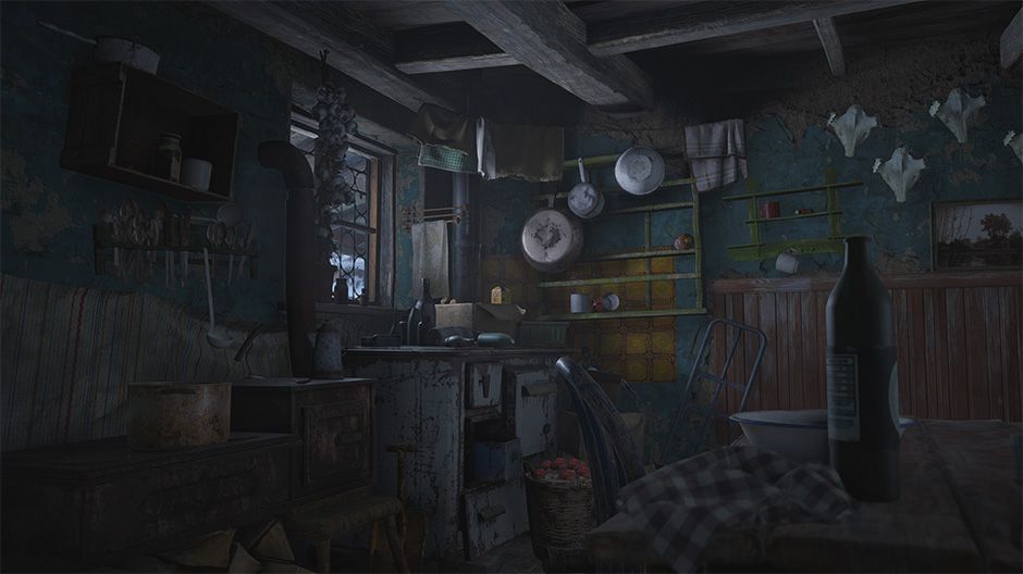 A screenshot of the inside of one of the houses in Resident Evil Village. It looks abandoned and there are pots hanging on the walls