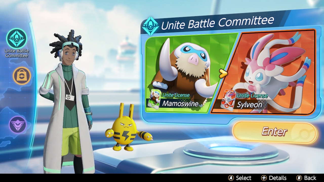 A screenshot of the Unite Battle committee screen where players can buy licenses to play as whichever pokemon they want