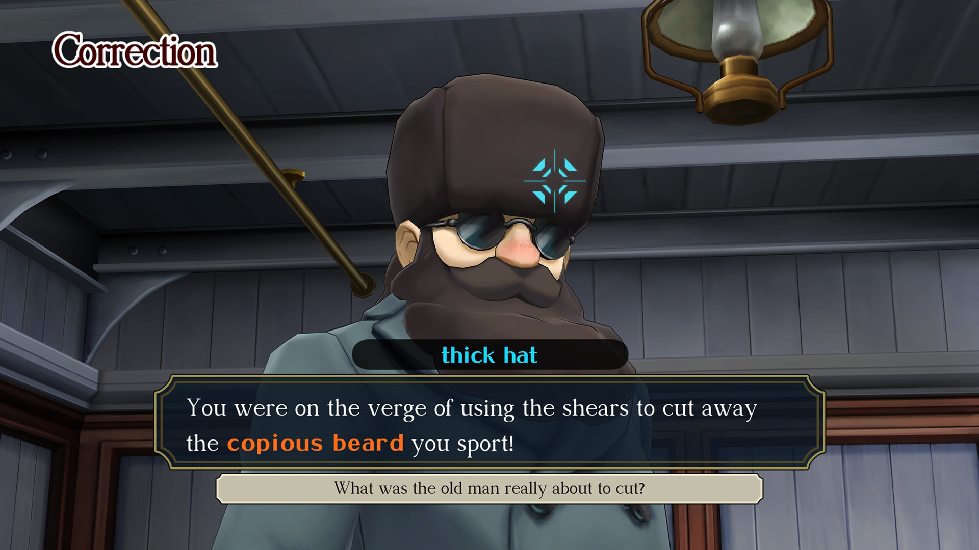 A screenshot of examining a man's hat. The prompt is asking what he was actually going to cut, the answer is his beard