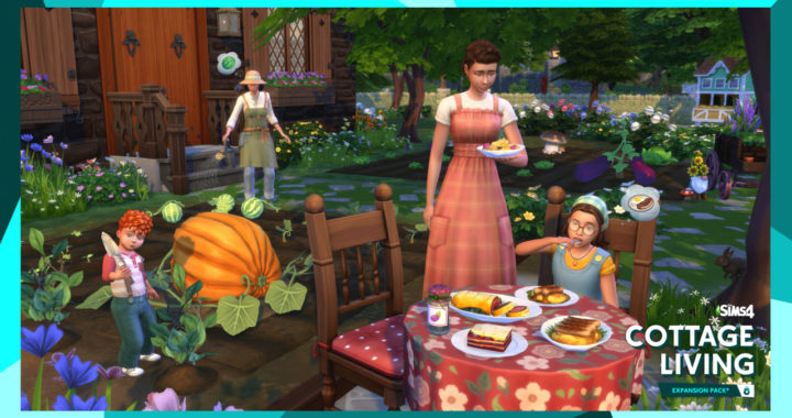 A family of sims in Cottage Living sitting at a table for a meal