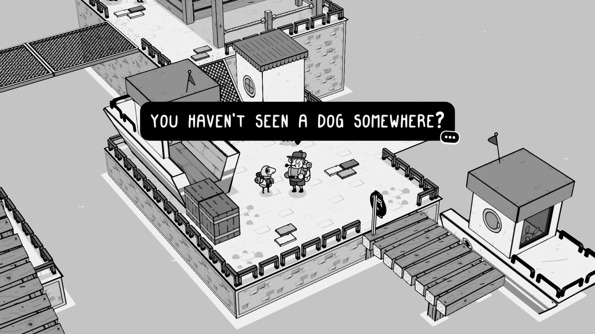 An NPC asking the main character of TOEM if they've seen a dog