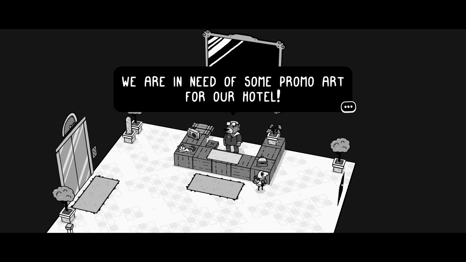 A screenshot of a TOEM NPC telling the main character they need promo art for their hotel