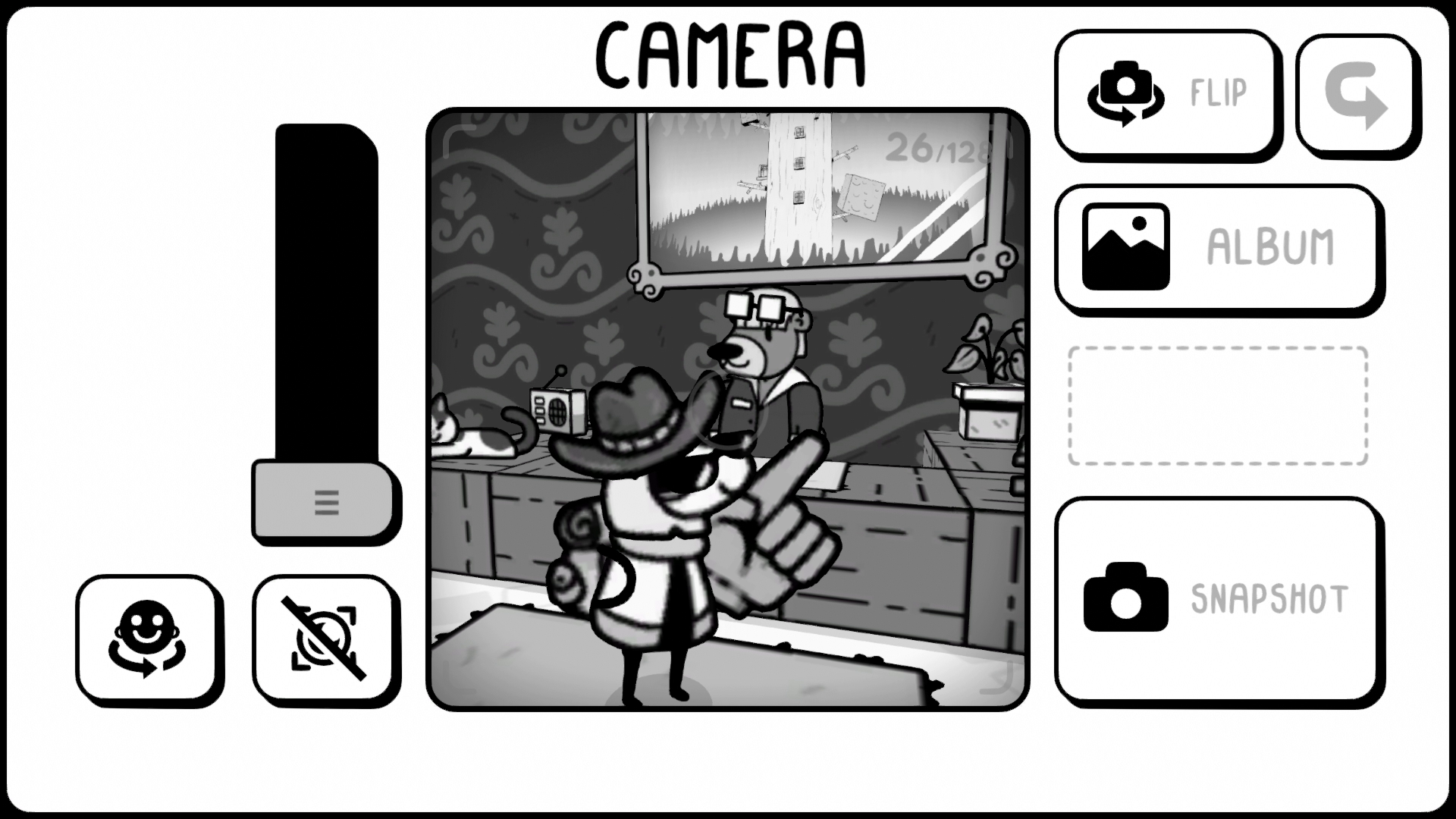 The protagonist from TOEM taking a photo using the camera interface. They're in front of a hotel reception desk wearing a cowboy hat, sunglasses, and a big foam finger