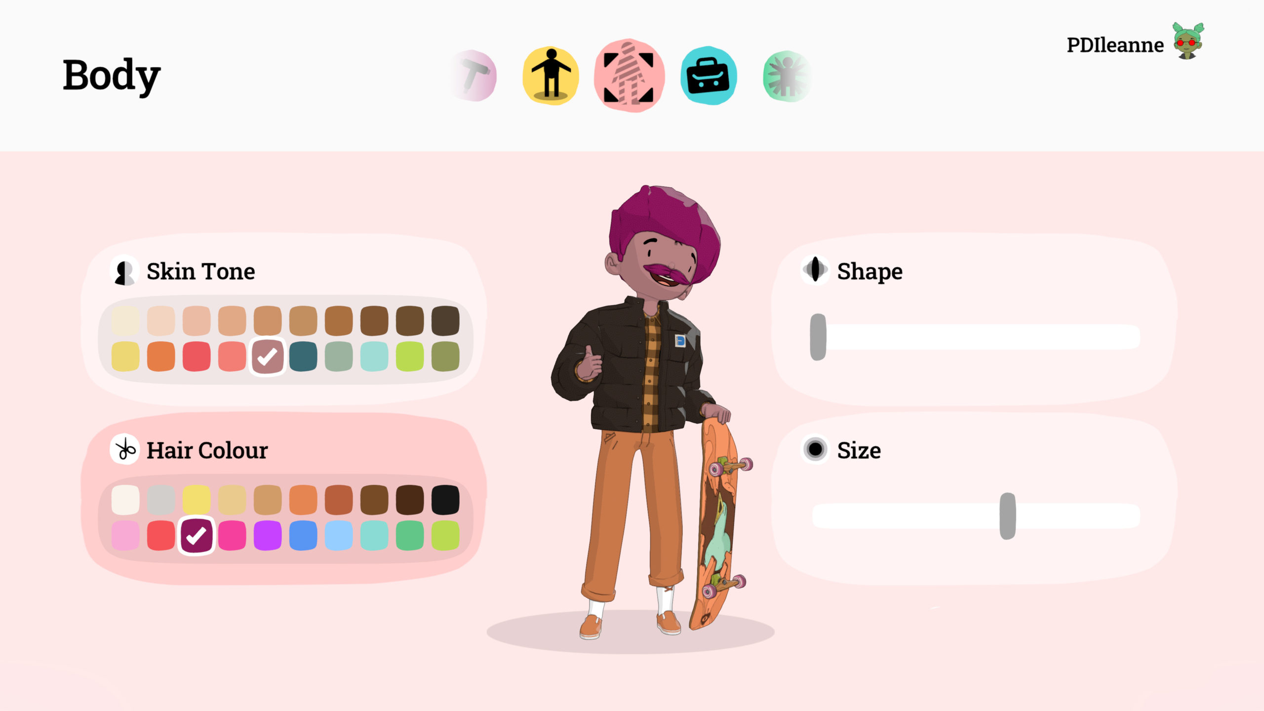 Screenshot of the skin and hair color customization screen in OlliOlli World