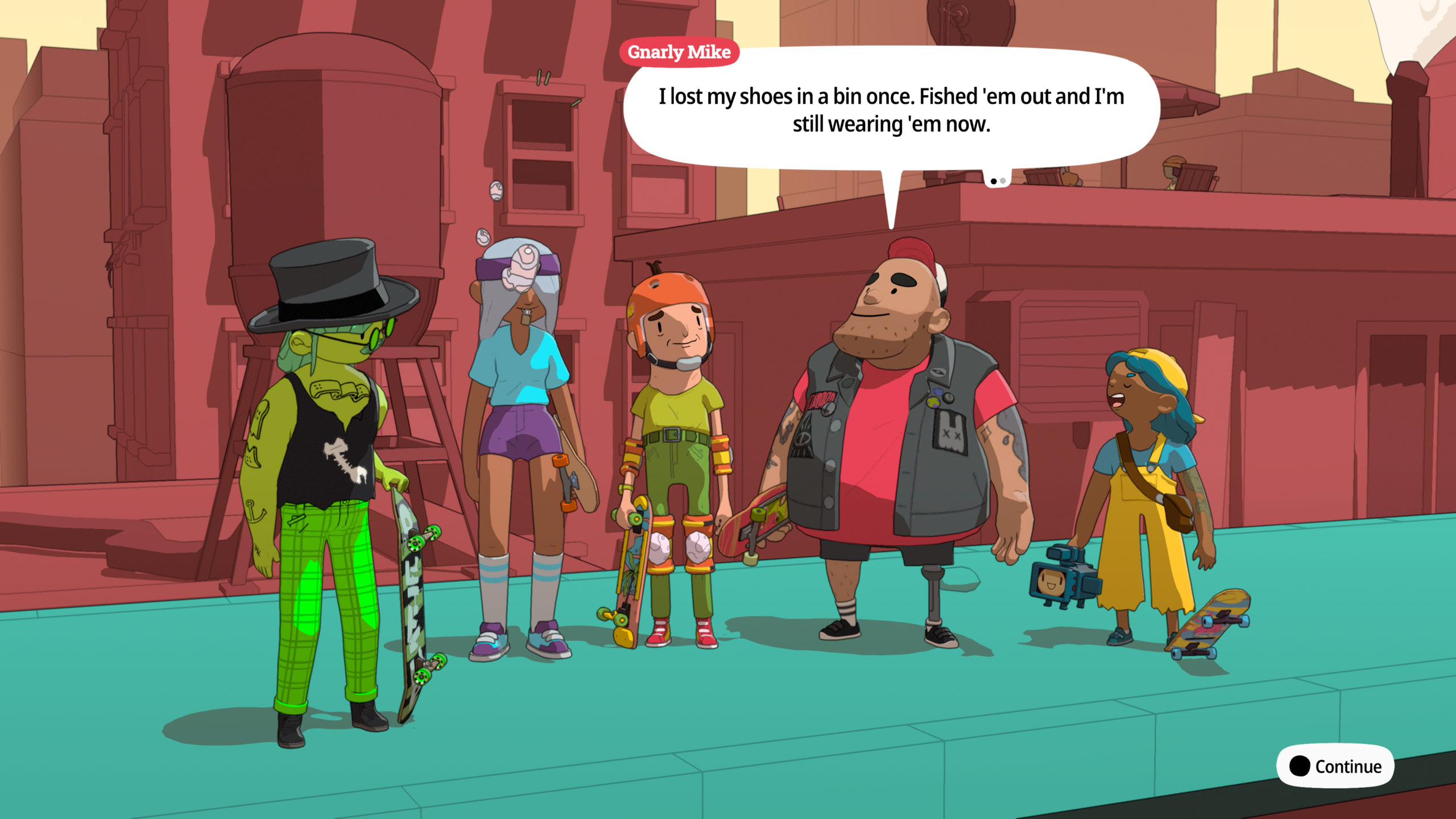 Screenshot of the NPCs in OlliOlli World. Mike is saying "I lost my shoes in a bin once. Fished 'em out and am still wearing them now"