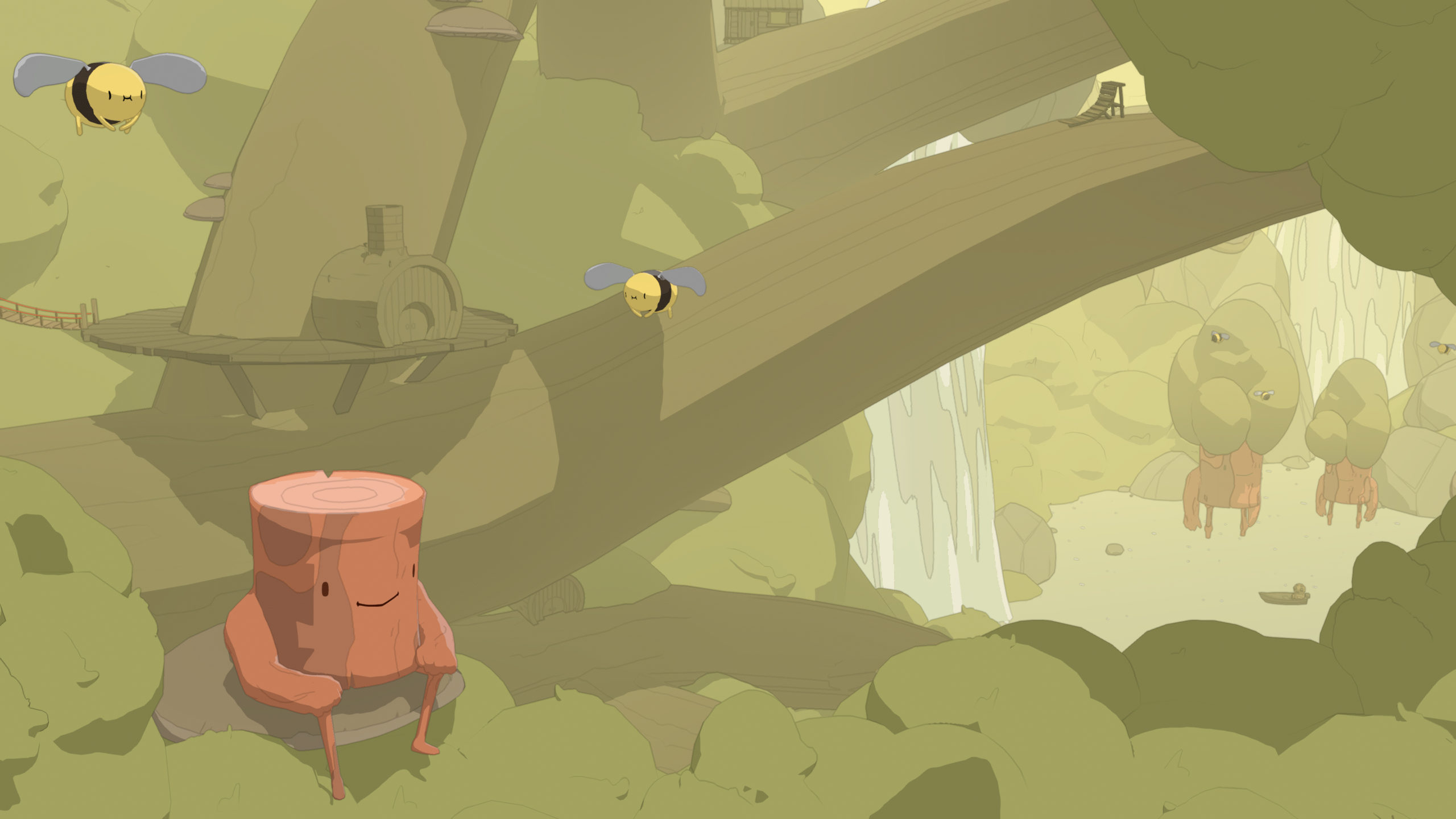 A screenshot of Cloverbrook, the forest biome in OlliOlli World. There are little tree stump people and bees