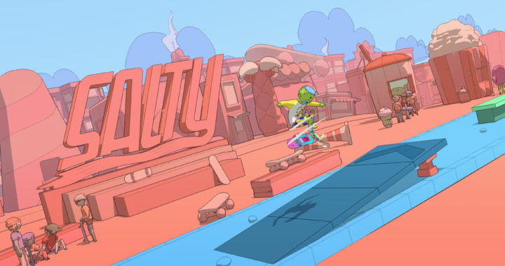 Screenshot of a player character doing a trick over a ramp in the beach biome of OlliOlli World