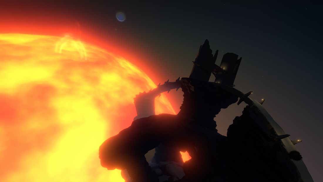 A screenshot from Outer Wilds of a burnt out structure floating above a sun in space