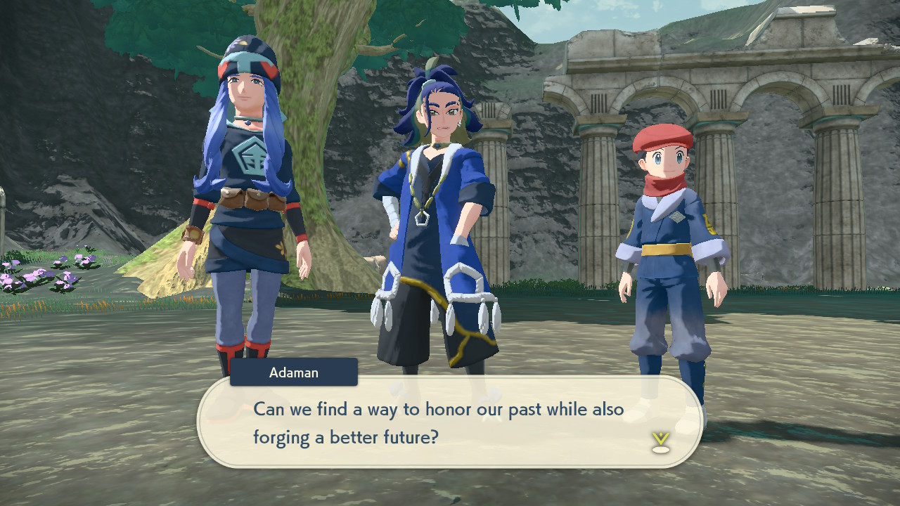 Screenshot of Adaman, Melli and the player standing side by side. Adaman is asking if there's a way to honor their history while moving forward