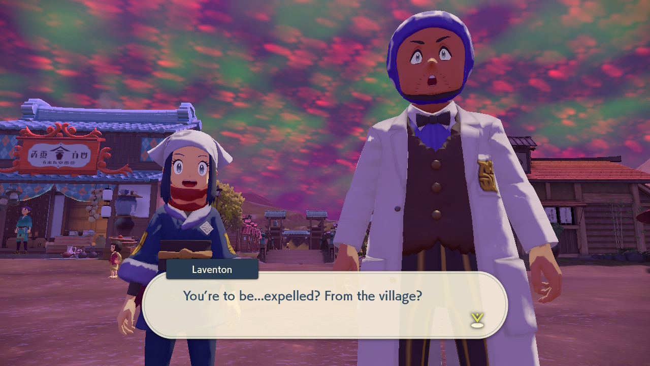 A screenshot of Professor Laventon and Akari being shocked that the player is being expelled from the village