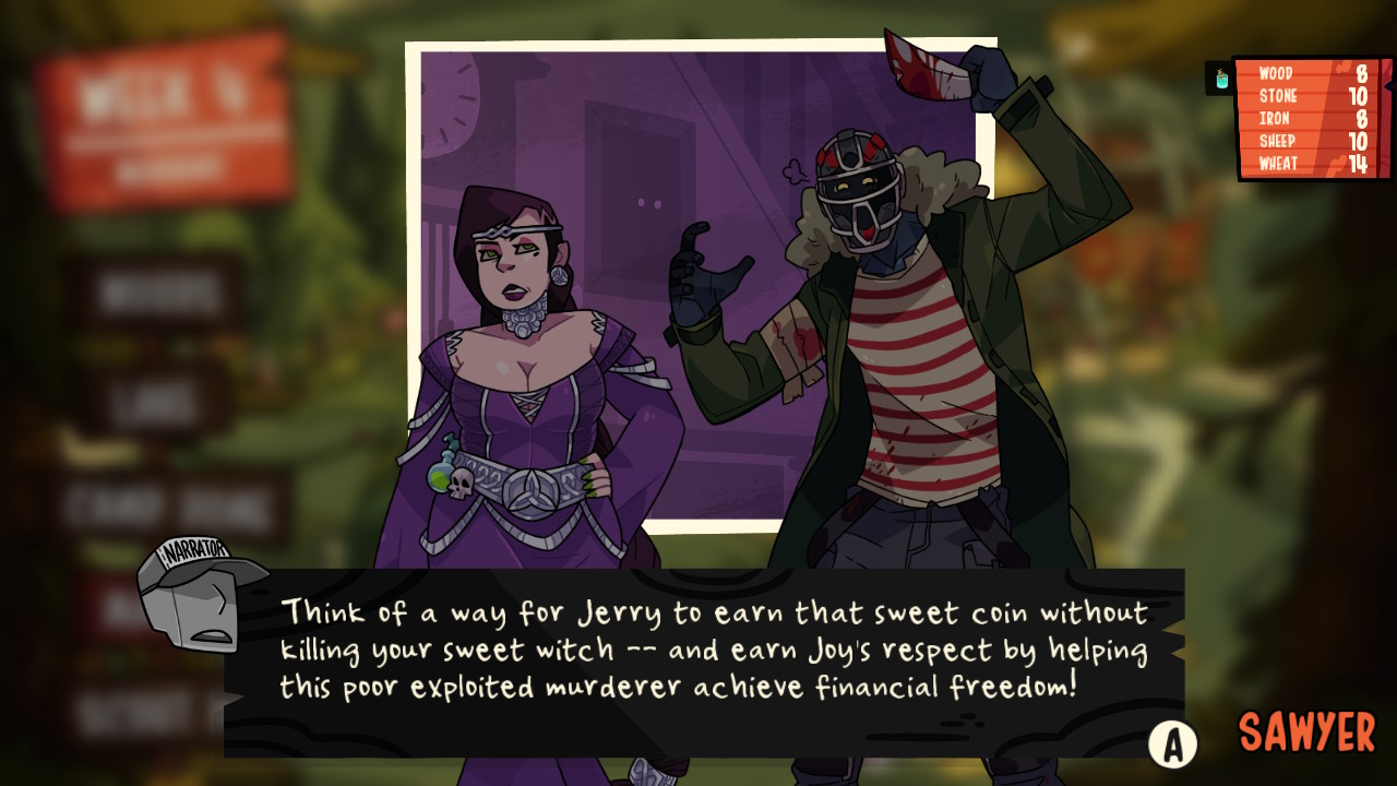 Screenshot of a Monster Camp event where the tropey murderer is trying to find a way to make money