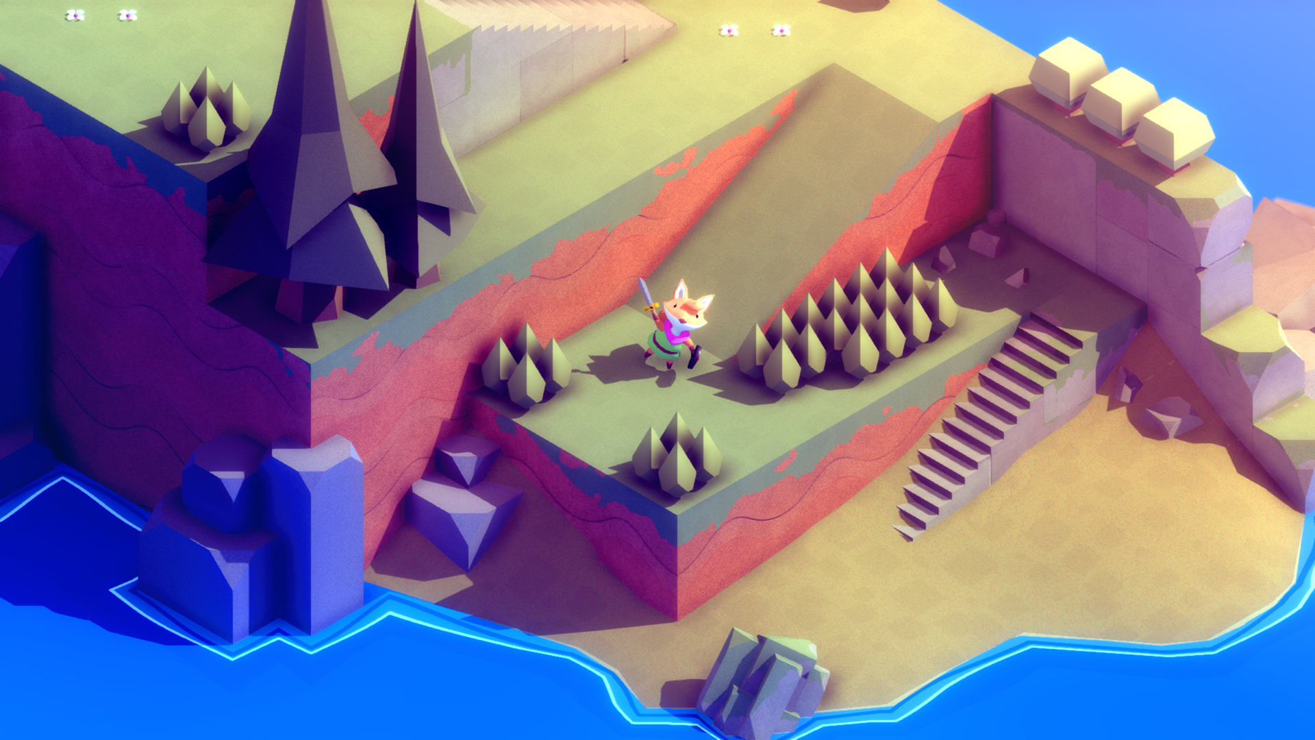 Screenshot from Tunic of the fox on a hill waving at the camera
