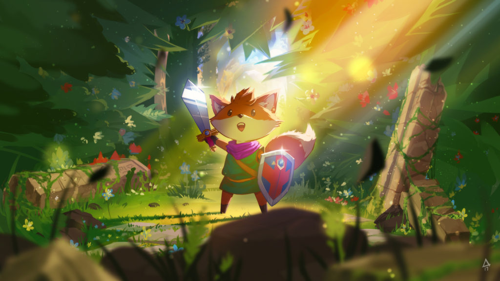 Tunic key art featuring the protagonist fox holding a sword up triumphantly in a sunbeam