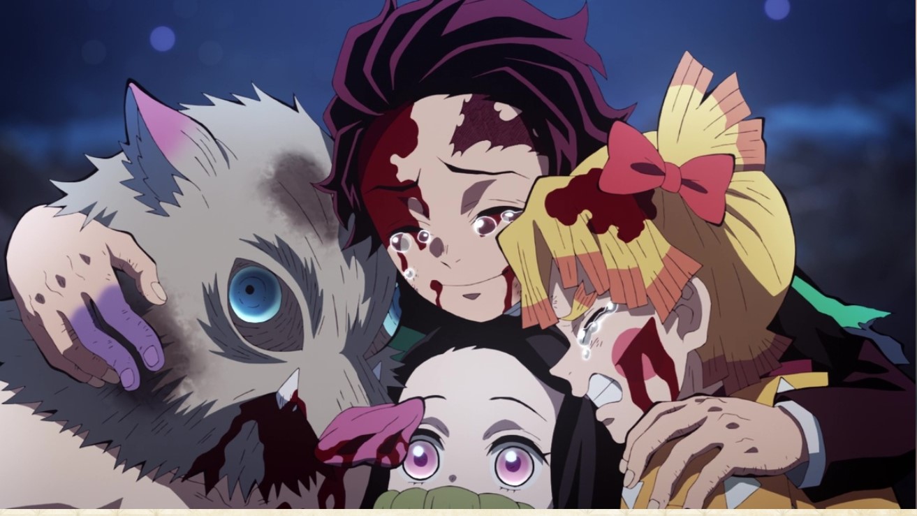 Screenshot of Inosuke, Tanjiro, Zenitsu and Nezuko huddling together, injured and covered in blood
