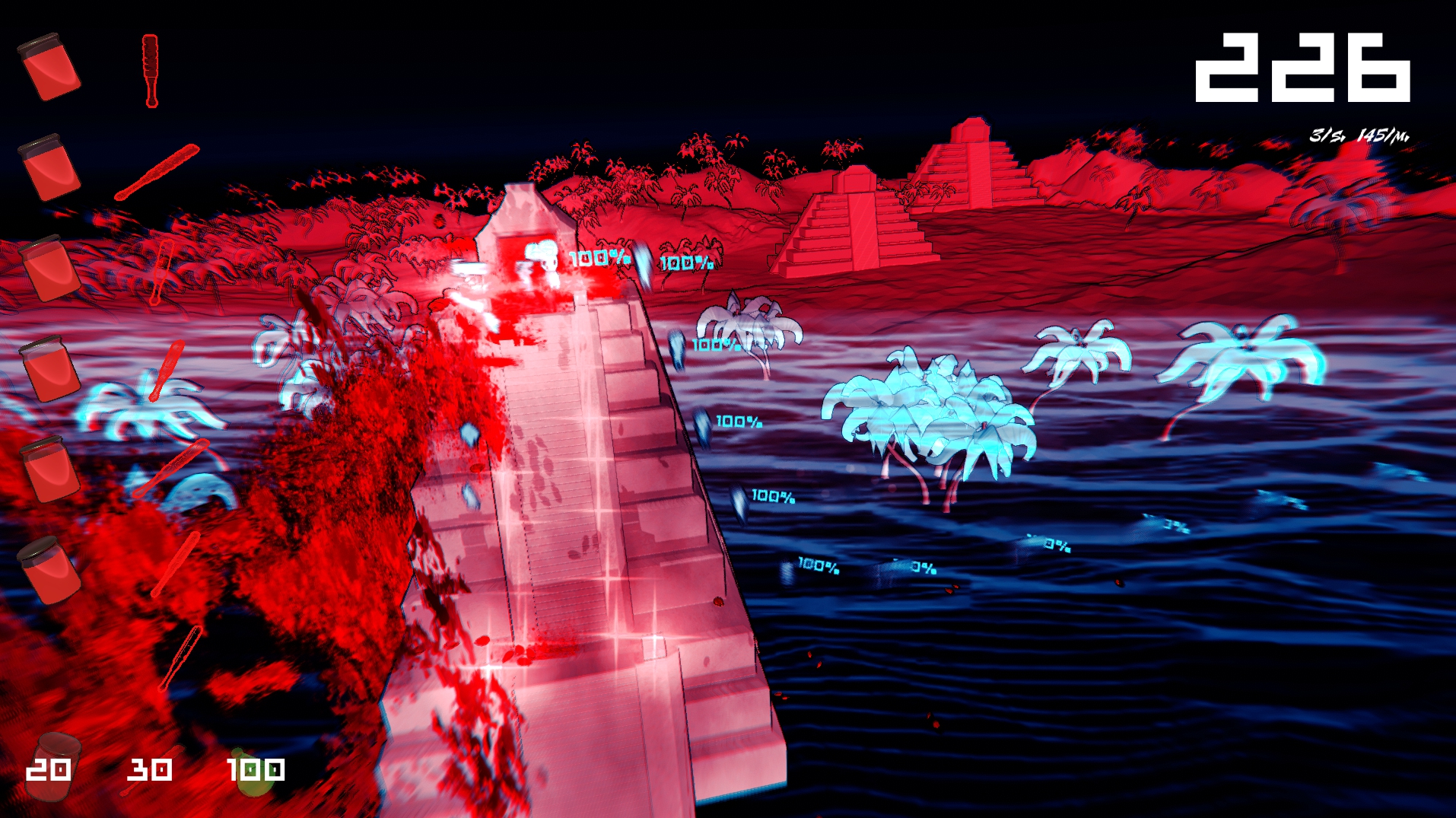 Screenshot from Blood Broker of a pyramid in water with blood spraying all over