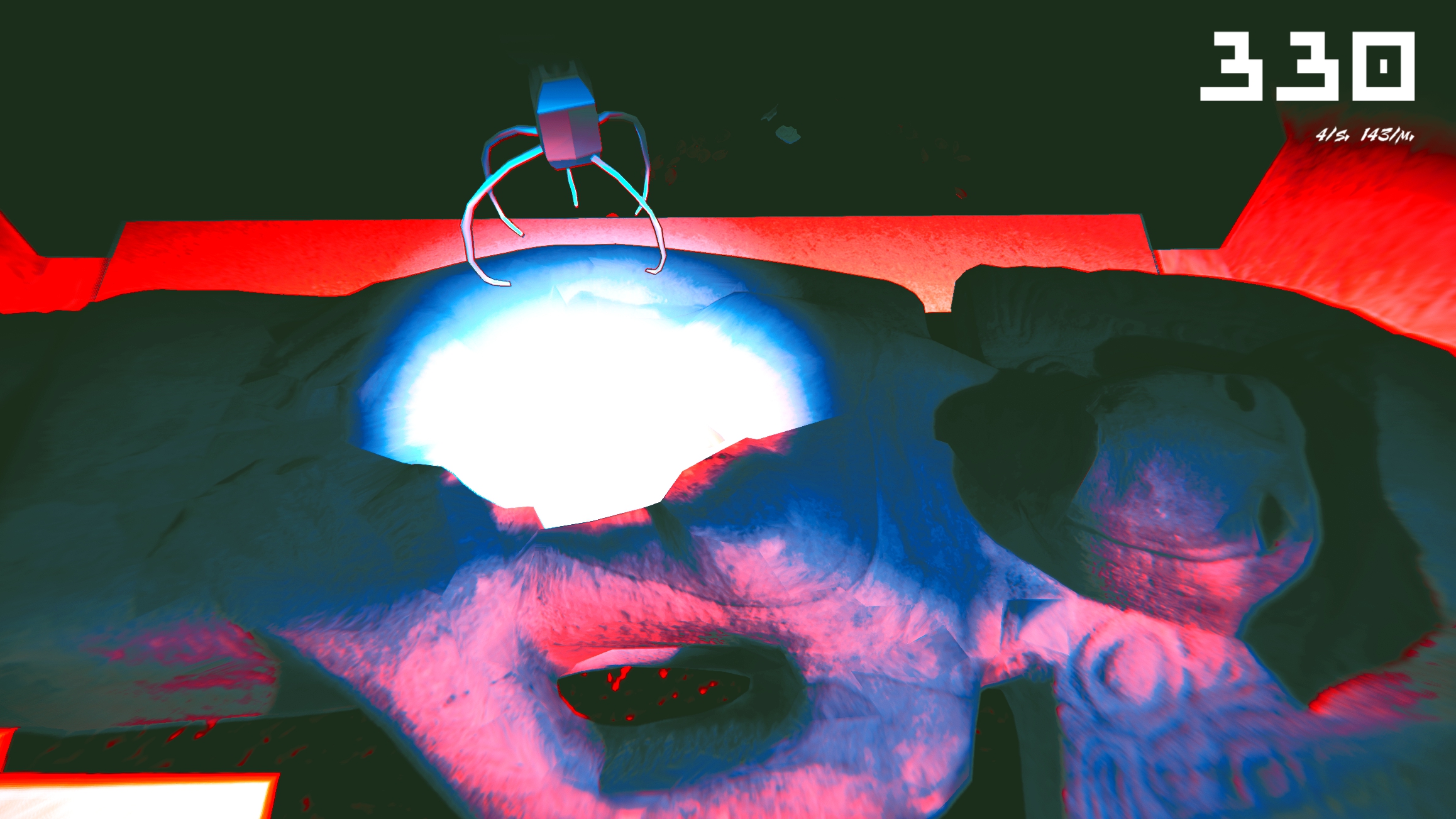 Screenshot from blood broker of a claw machine arm reaching into a ball of blue light