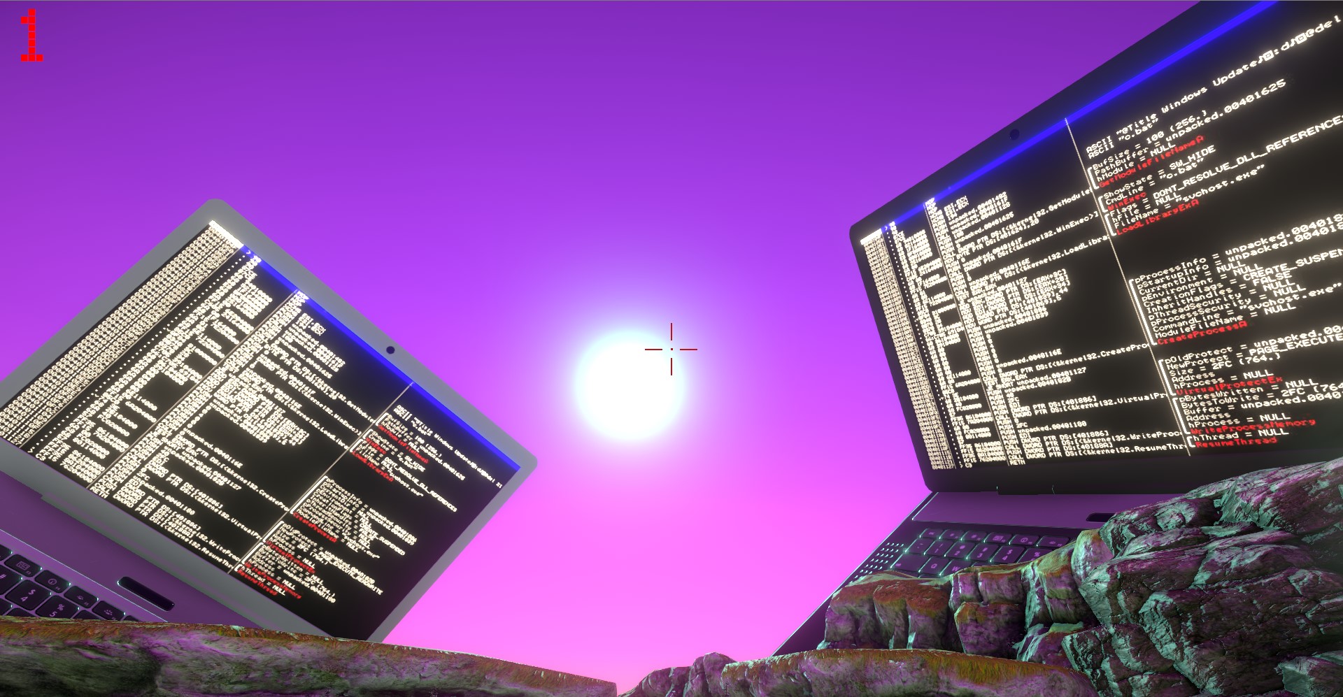 Screenshot from Programmer Dater of a purple sky with giant laptops looming over the landscape