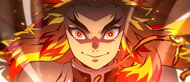 A close up shot of Rengoku from Demon Slayer's face, lit by flames around him
