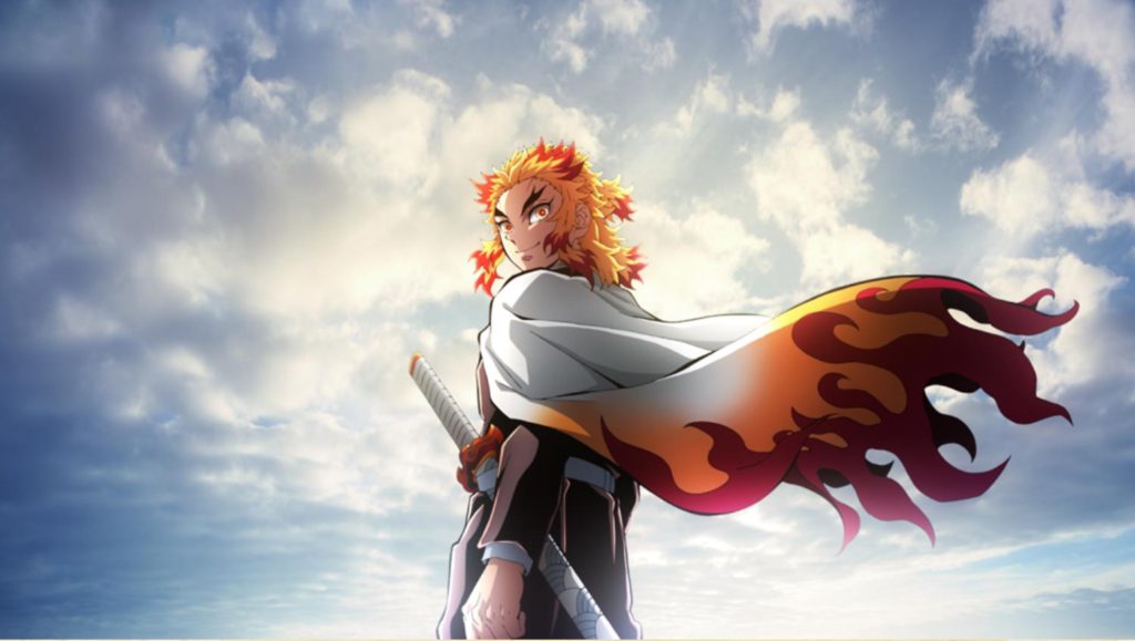 Rengoku looking over his shoulder as his cape blows in the wind and there's a blue sky with fluffy white clouds