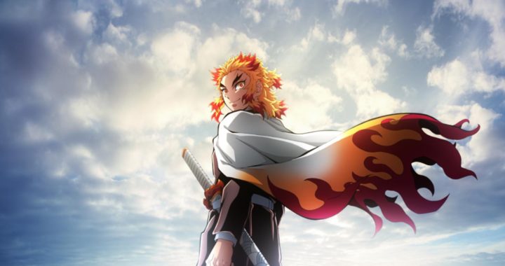 Rengoku looking over his shoulder as his cape blows in the wind and there's a blue sky with fluffy white clouds