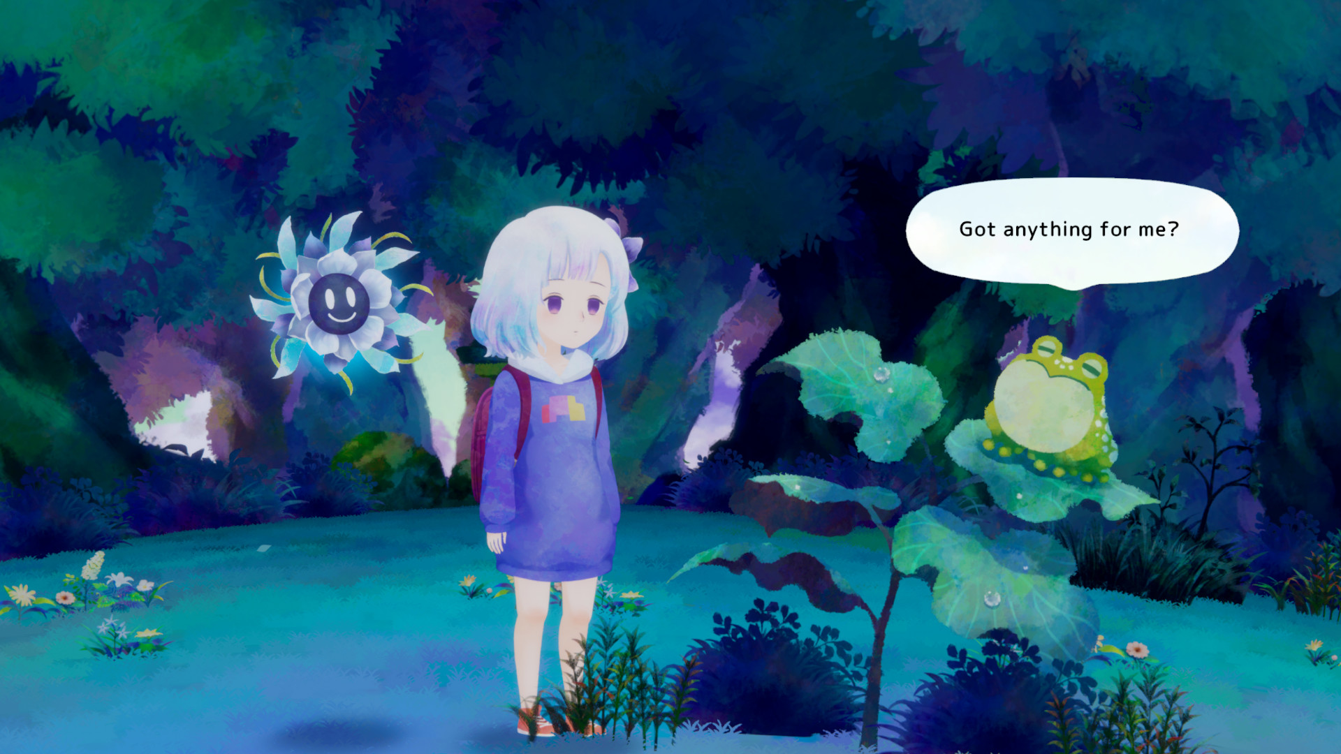 Screenshot from Sumire of Sumi and Flower talking to a frog in the woods