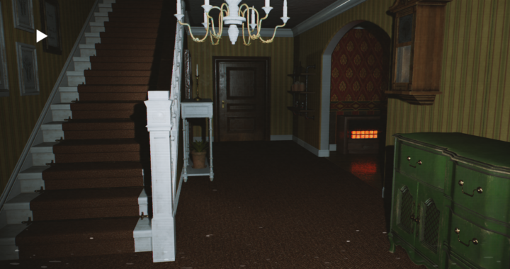 Screenshot of the house from 2000 Navidson lane. You can see a staircase, chandelier, and hallway leading to two other rooms