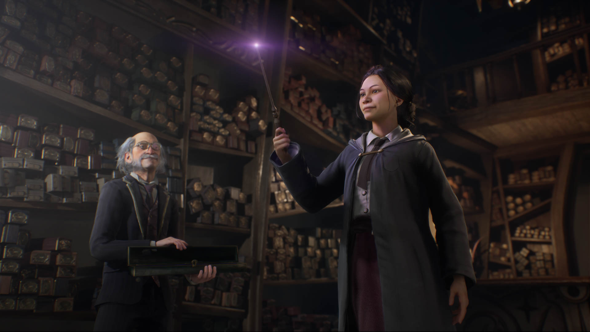 Screenshot of a student using a wand with an old man teacher in the background in Hogwarts Legacy