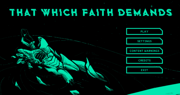 That Which Faith Demands title screen showing the body of one of the gods next to the game menu