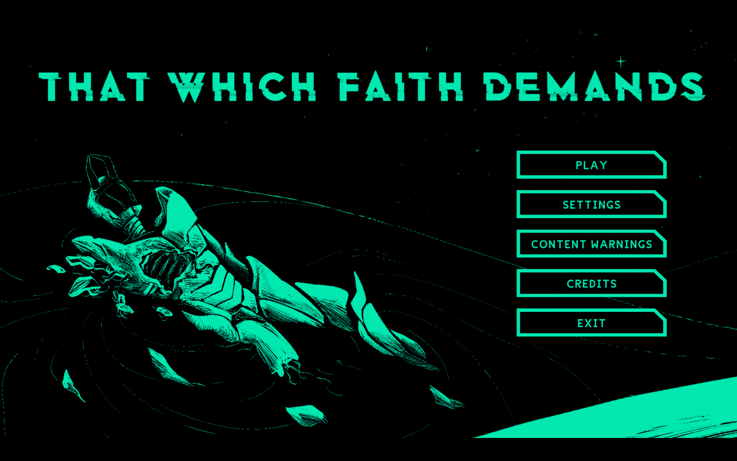 That Which Faith Demands title screen showing the body of one of the gods next to the game menu