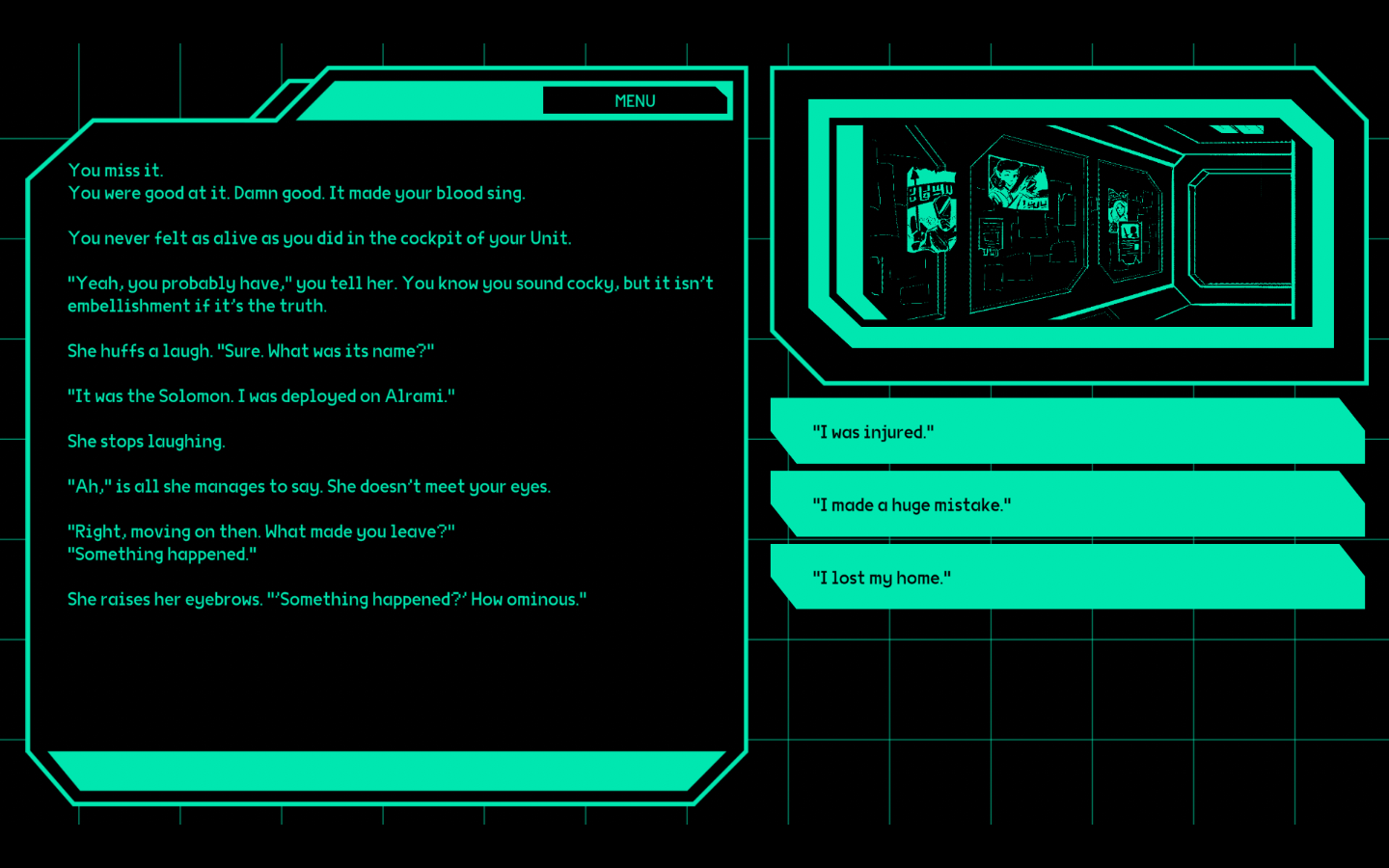 A dialogue screen in That Which Faith Demands. The conversation is about the player character's past