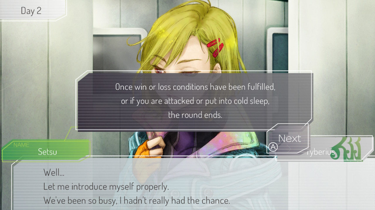 Screenshot of Setsu from Gnosia with a text overlay explaining that if win or loss conditions are met the round ends
