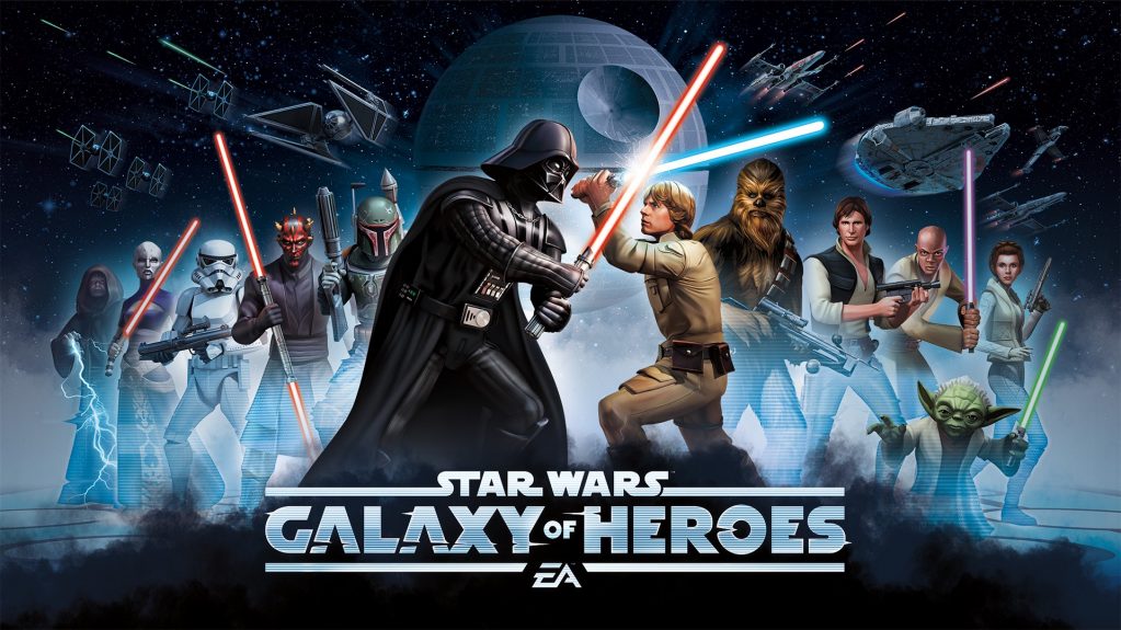 Star Wars Galaxy of Heroes cover art featuring Darth Vader, Luke Skywalker, Chewbaca, Han Solo, Boba Fett, and Darth Maul