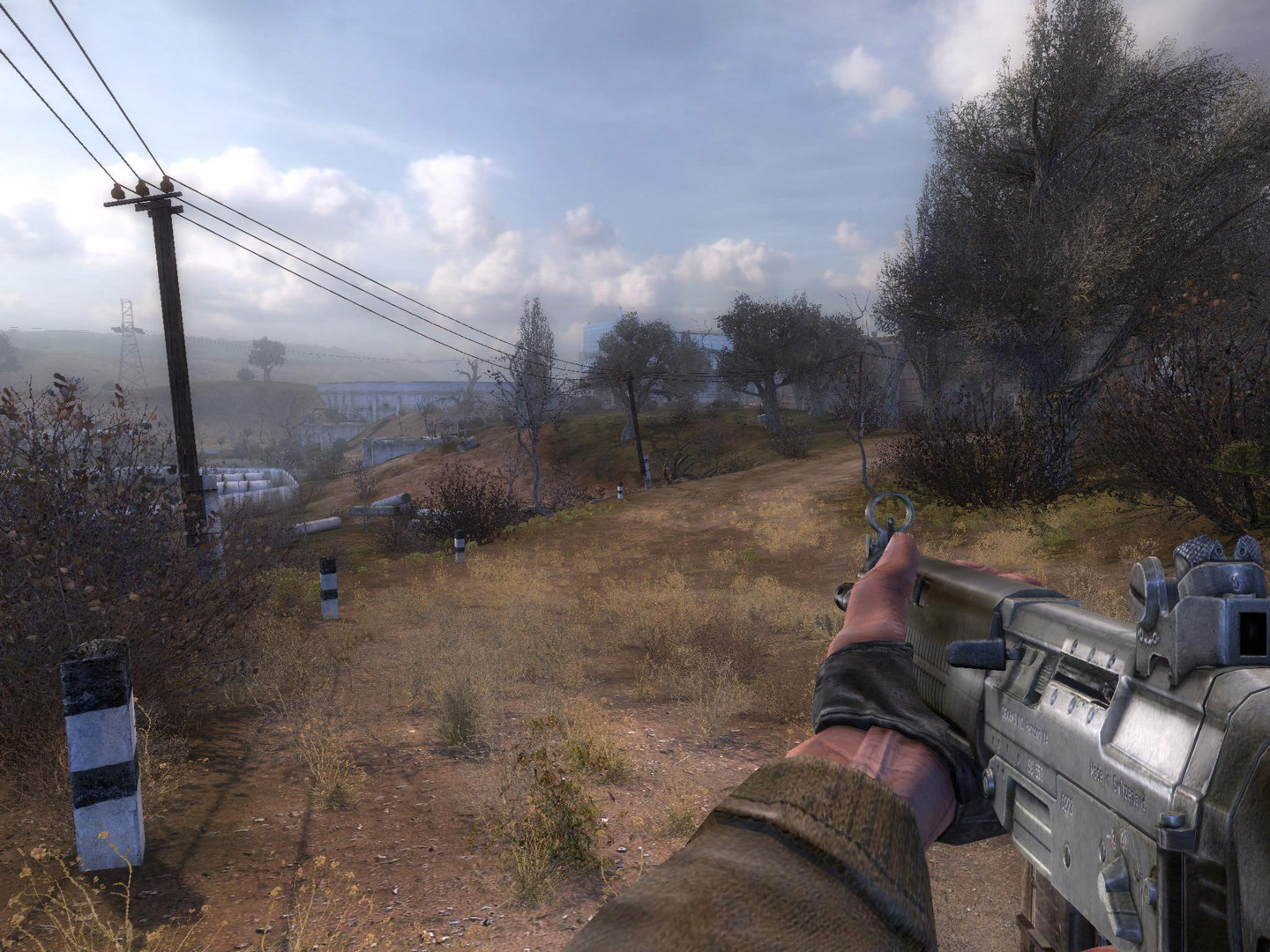 Screenshot of Stalker Shadow of Chernobyl in first person. The character is holding a gun and waling through an outdoor area with trees and power lines