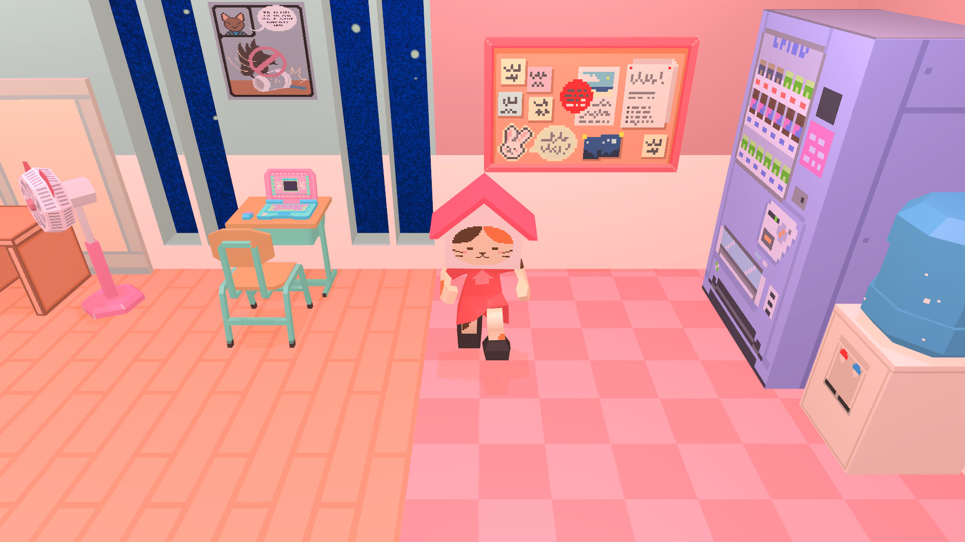 Screenshot of a calico cat with a pink dress and a pink house on its head in a pink tiled room from indie game Bubblegum Galaxy