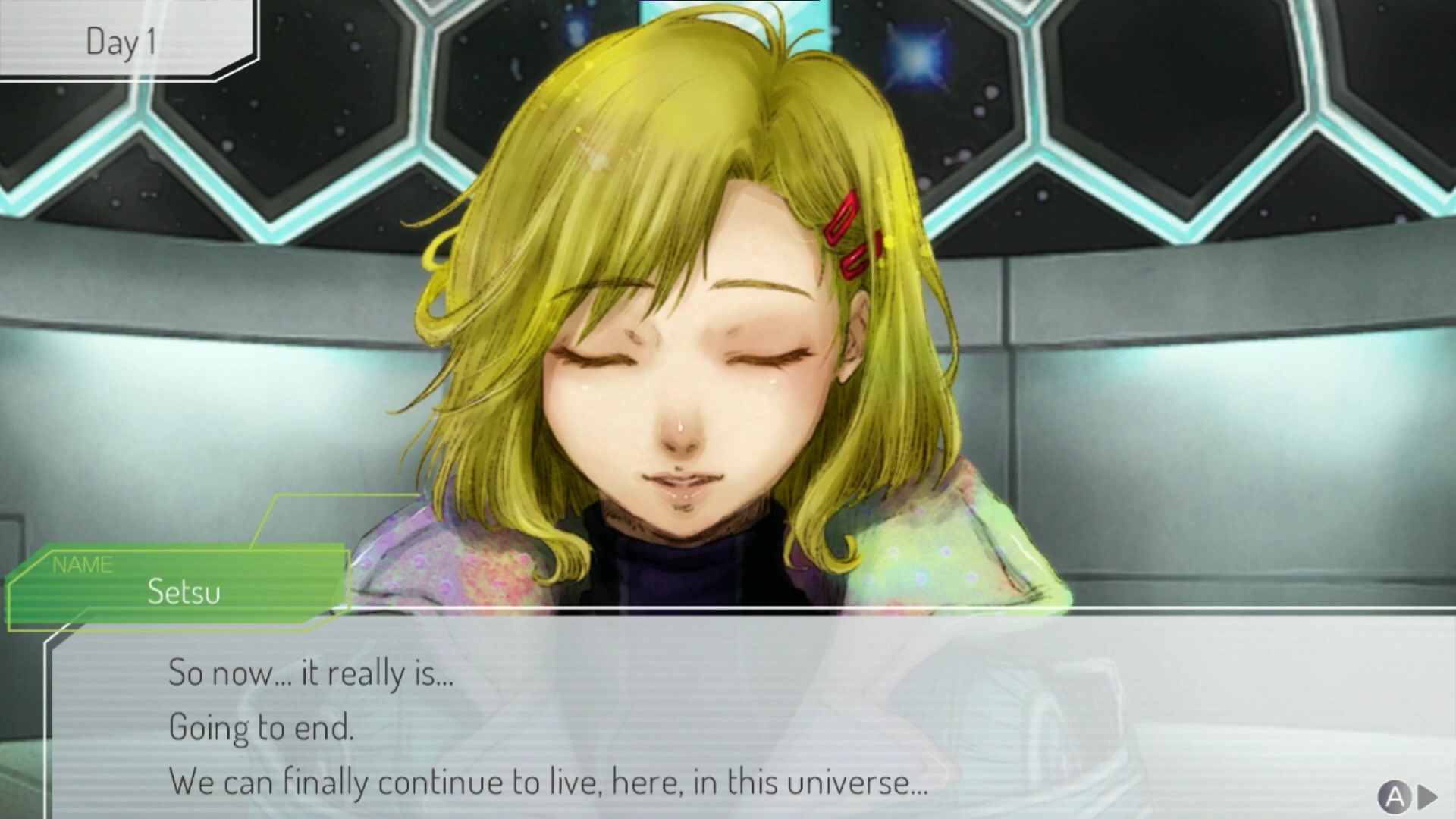 Gnosia screenshot of Setsu saying "so now...it really is...going to end. We can finally continue to live, in this universe"