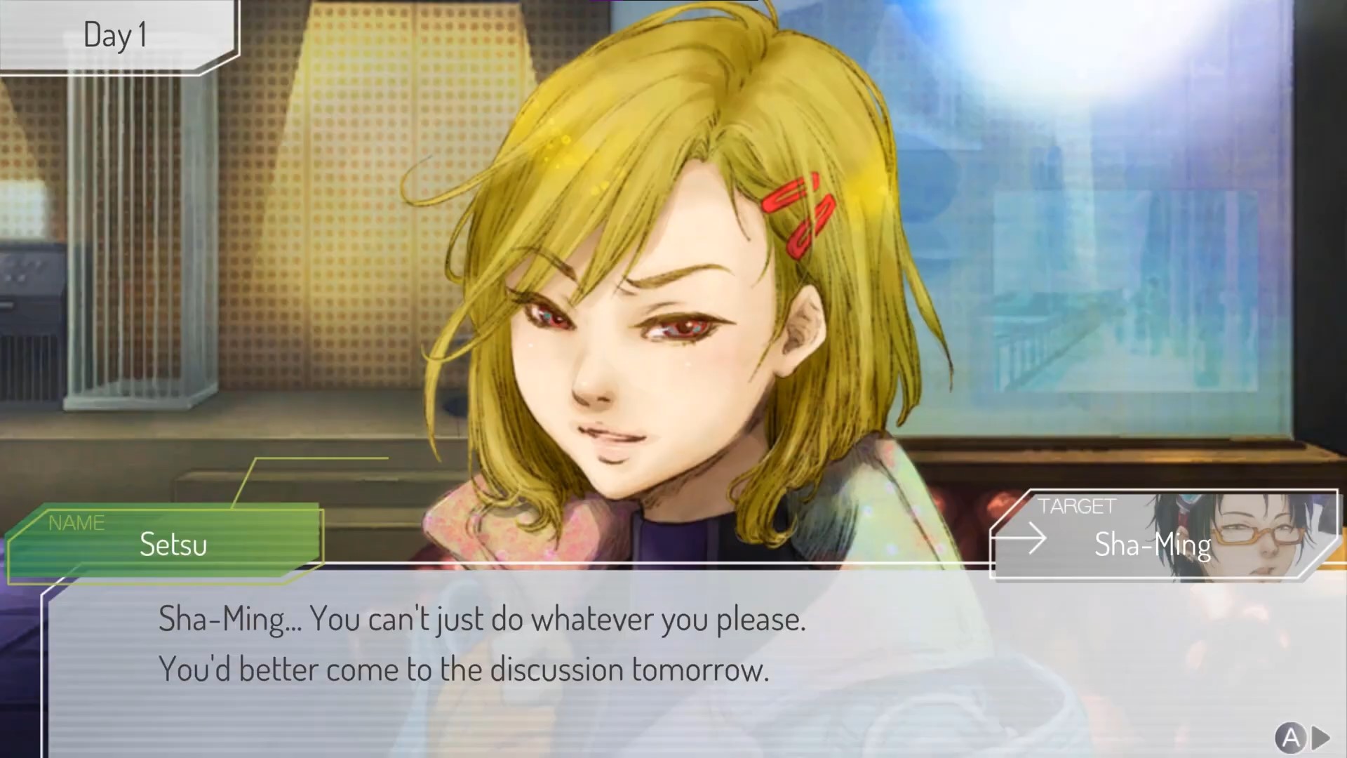 Screenshot of Setsu saying "Sha-Ming, you can't just do whatever you please. You'd better come to the discussion tomorrow