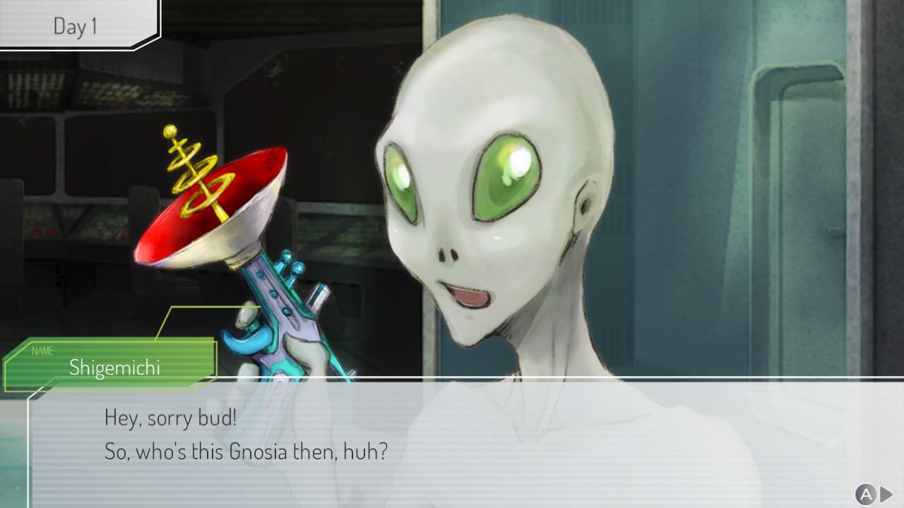 Screenshot of Shigemichi saying "hey sorry bud! So who's this Gnosia then."
