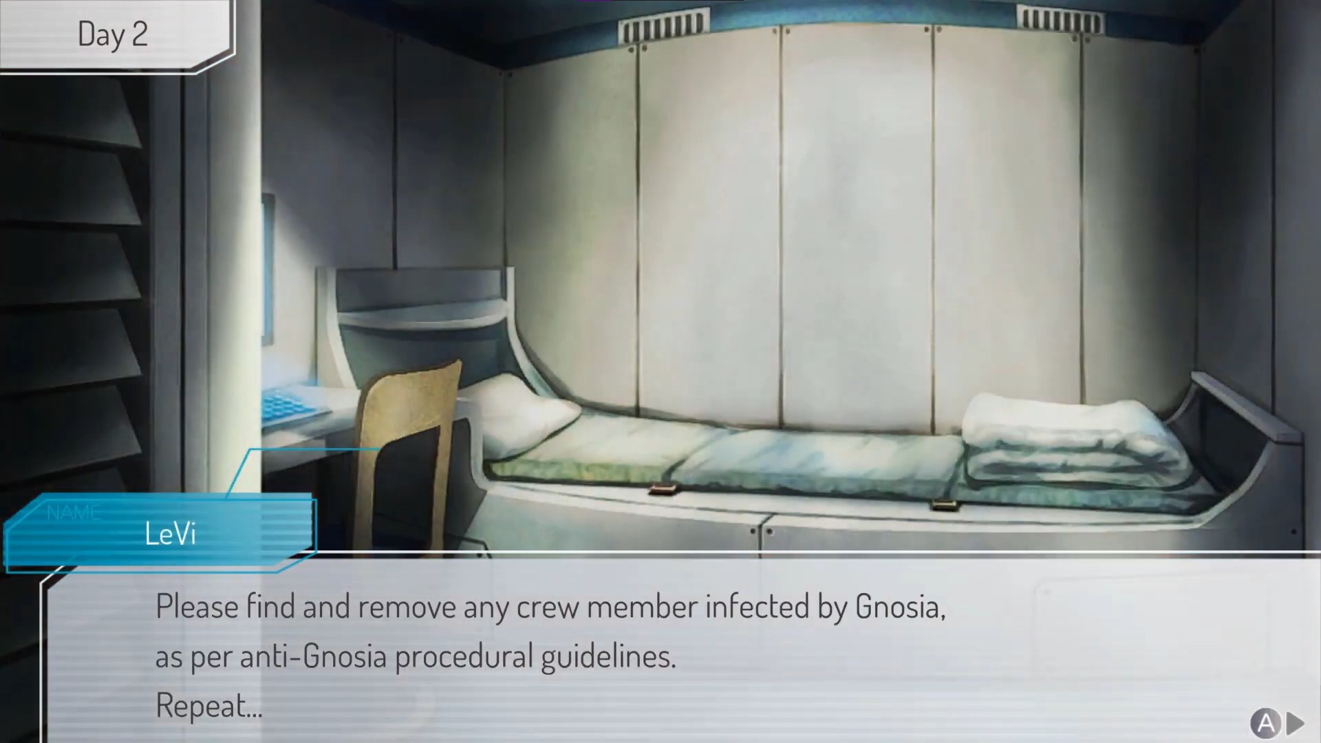 Gnosia screenshot that says "please find and remove any crew member infected by Gnosia, as per anti-Gnosia procedural guidelines. Repeat..."