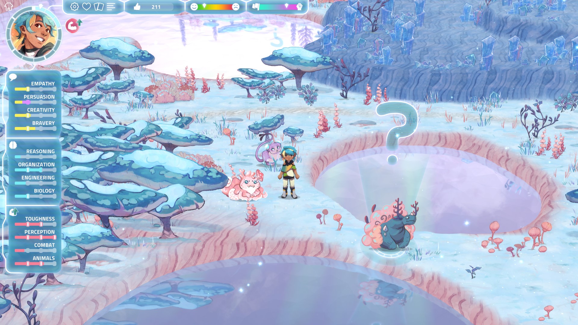 Screenshot from I Was a Teenage Exocolonist of the main character standing out in snow with various animals. The palette is pastel pinks and blues