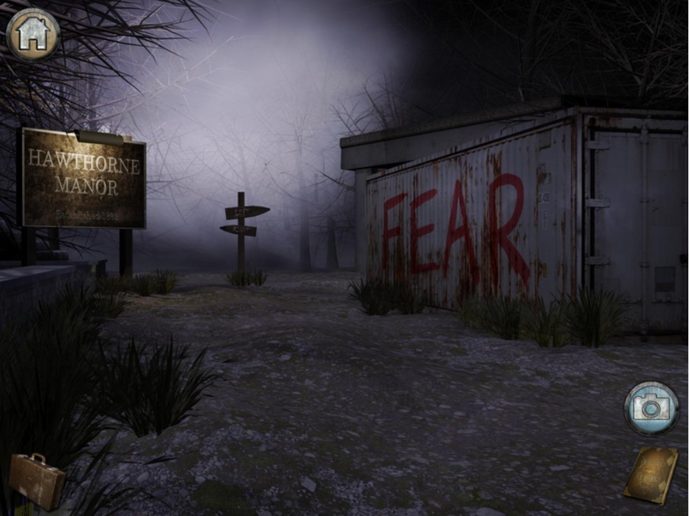 Screenshot from Forever Lost of the outside of Hawthorne Manor. FEAR is spray painted on the side of a building in red