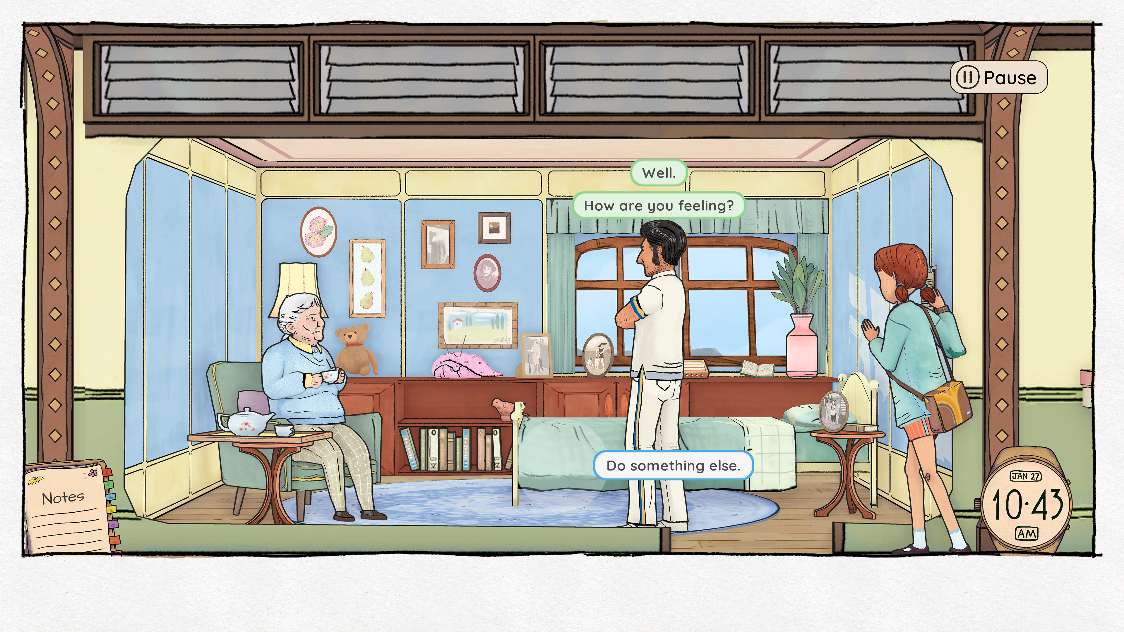 Wayward Strand screenshot of Casey listening in on a nurse and elderly resident