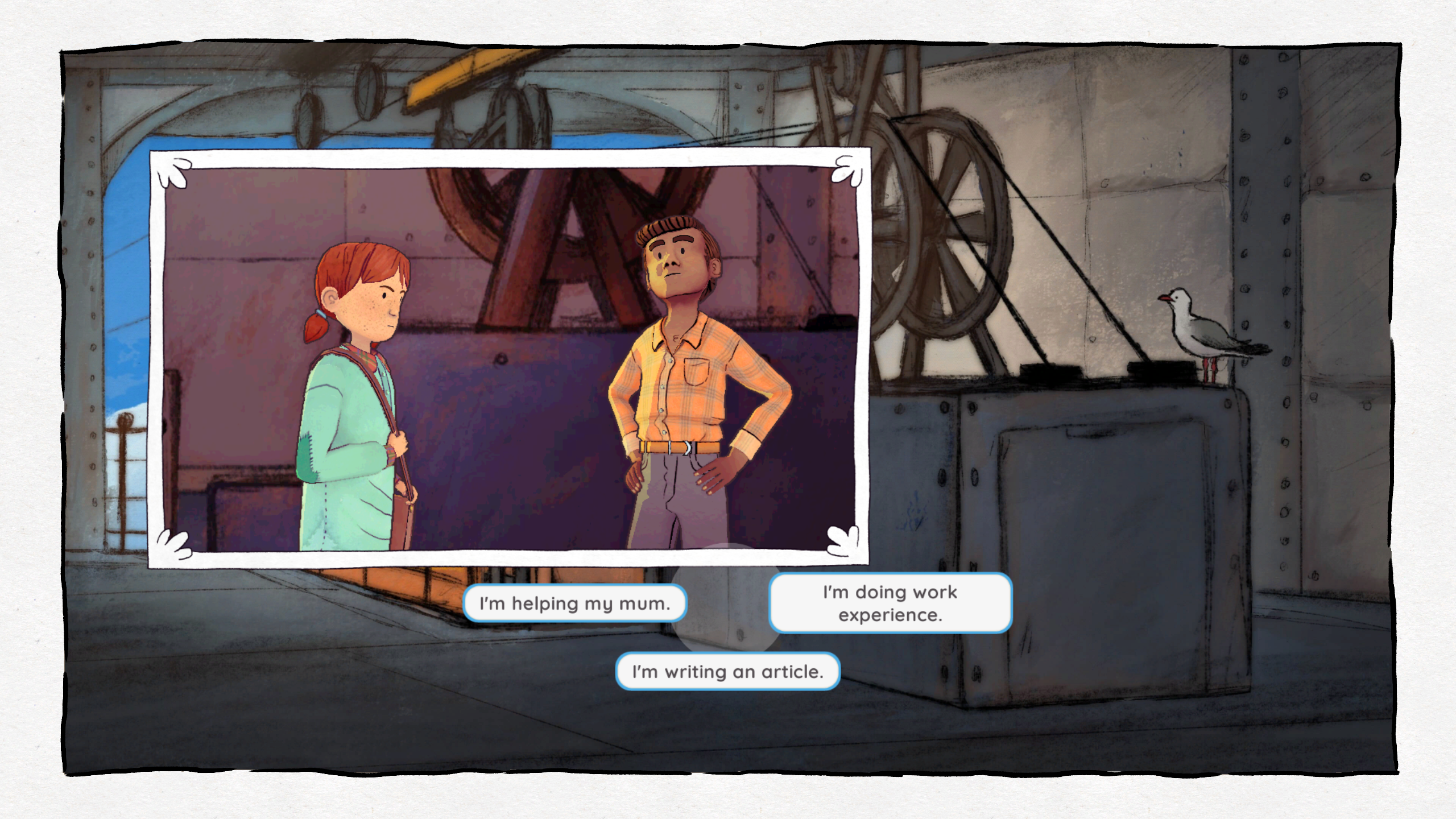 Wayward Strand screenshot of Casey talking with Ted about why she's on the airship