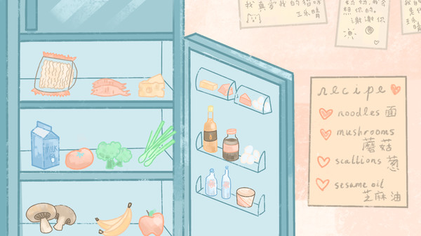 Screenshot from A Taste of the Past of an open refrigerator with a grocery list for making noodles on the door